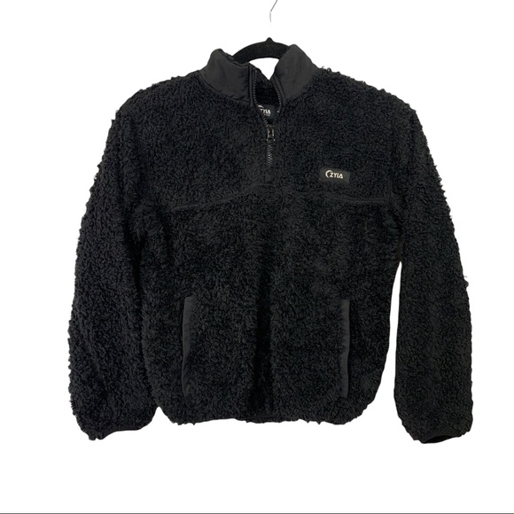 ZYIA Active, Black Sherpa Teddy, 1/4 Zip Jacket Pullover, Sz: 10 - Picture 1 of 6